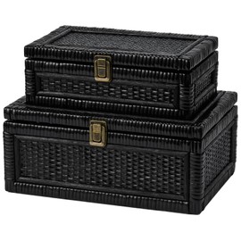 2PCS Rattan Boxes with Lid Decorative Natural Handmade Boho Baskets Woven Wicker Cane Bin Keepsake Memory Jewelry Rectangular Desk Shelf Closet Organizer Container (Black, 1 Large 1 Small)
