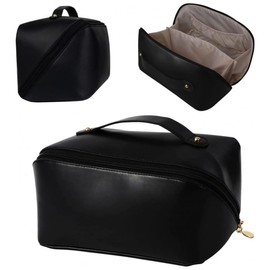 Cosmetic Bag, Large Capacity PU Waterproof Storage Makeup Bag,Open Flat Toiletry Bag Makeup Organizer,Women Portable Travel Makeup Bag with Handle Skin Care Cosmetics Toiletries