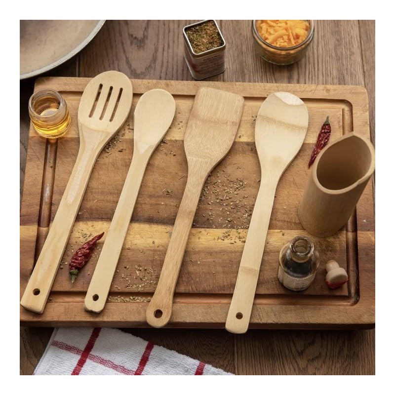 Bamboo Utensil Set with Holder, 5 Pieces, for Kitchen Countertop