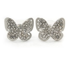 Silver Plated Clear Crystal Butterfly Stud Earrings/ 18mm
