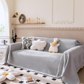 VANJOROY Waffle Large Grey Sofa Throw Blanket With Tassels For 2 3 4 Seater, 100% Handwoven Cotton Knitted Settees Throw for Couch, Armchair and Bed, 130×180cm-Light Grey