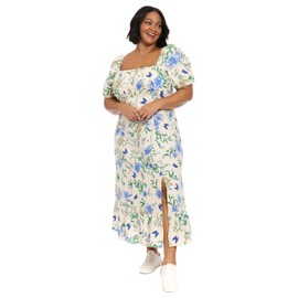 bestmobilephonecases Women's Linen Rayon Square Neck Puff Sleeve Empire Waist Midi Length Side Slit Summer Floral Dress, Cream/Denim Blue