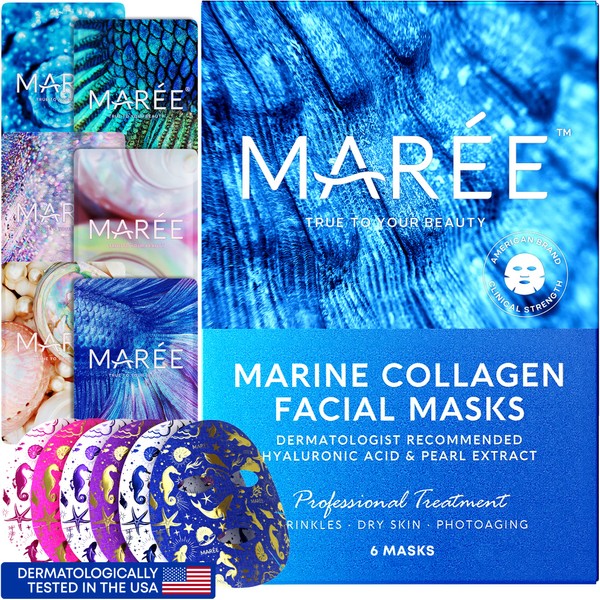 MAREE Facial Masks With Natural Pearl Extract, Marine Collagen & Hyaluronic Acid - Anti Aging Collagen Face Mask Skin Care for Wrinkles, Dry Skin & Photoaging - Firming Face Sheet Mask, 6 Pack