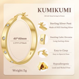 KUMIKUMI Sterling Silver Hoops Earrings for Women,5MM Wide Hypoallergenic Thick Silver Hoop Earrings with Cubic Zirconia, 925 Silver Plated Hoop Earrings non Tarnish for Sensitive Ears 30/40/50mm, No