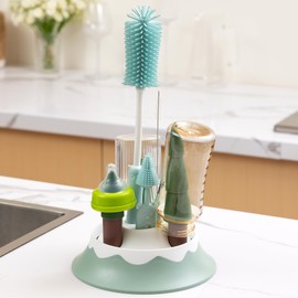 Chemimoso Baby Bottle Drying Rack and Cleaning Set, with Straight Silicone Baby Bottle Brush with Stand, Pacifier Brush, Straw Brush, Tiny Cup Lid Gap Cleaning Brush, Suit for Bottles, Cups, Z Blue