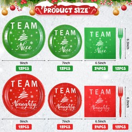 Patelai 120 Pcs Christmas Party Supplies Paper Plates and Napkins Disposable Dinnerware Set 48 Team Naughty and Team Nice Plates 48 Napkins 24 Plastic Forks for Christmas Xmas Birthday Baby Shower
