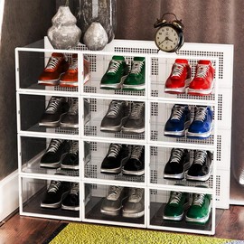 12pcs Thick Transparent X Size Shoe Box With Lid, Foldable And Stackable Shoe Rack, Free Combination, Plastic Sports Shoe Container, space-saving shoe rack, alternative to drawer storage unit - Color: X-Large  Black-12Pcs
