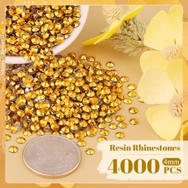 4000PCS 4mm Resin Rhinestones in Bulk (Copper Gold), Bedazzling Flatback Crystals for Crafts DIY Nail Decoration, Gems Charms for Tumbler Shoes Clothing Fabric with Pickup Pen and Tweezers