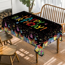 Horaldaily Birthday Tablecloth 60x120 Inch Rectangular, Happy Birthday Ballon Black Washable Seasonal Table Cover for Party Picnic Dinner Decor