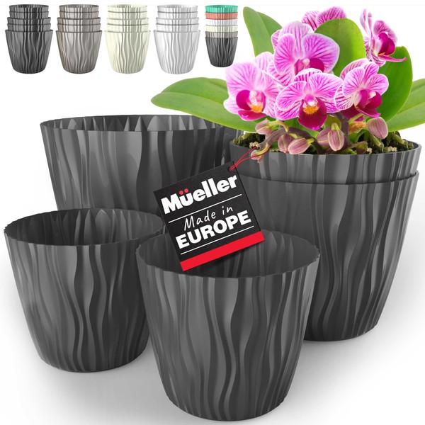 Mueller Austria Plant and Flower Pot 5/1 Set, 2 x 6, 2 x 7.5 and 1 x 9.2 Inch, Indoor and Outdoor Modern Decorative Planter, European Made, for All House Plants, Flowers, Herbs, Grey