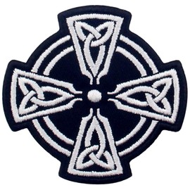 EmbTao Celtic Cross Circle Patch Embroidered Applique Iron On Sew On Emblem, White & Black