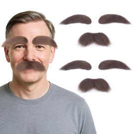 Miss U Hair Self Adhesive Brown Fake Mustache and Eyebrows – 2 Sets Stick On Beard False Facial Hair Costume Accessory for Men