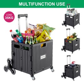 MACOPRO Foldable Utility Cart with Stair Climbing Wheels, Collapsible Rolling Crate with Telescoping Handle, Folding Shopping Trolley Handcart Grocery Book File Tool Teacher Storage Basket (Black)