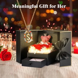 Romantic Christmas Rose Gift Box for Girlfriend with Initial Necklaces, Cute Bear Xmas Flowers Presents for Women, Mom, Wife, Sister for Anniversary