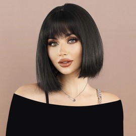 Women's Straight Black Bob Wig with Bangs, Short Bangs, Natural wig Heat Resistant Synthetic Black Wig (Black)
