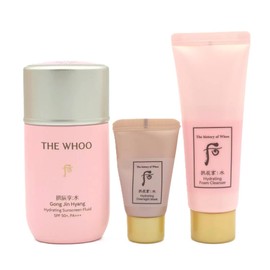 THE WHOO Hydrating Sunscreen Fluid Special 3 pcs Set (60ml UV Protective Lotion SPF 50+/PA+++, 13ml Overnight Mask, 40ml Foam Cleanser). Cooling-Anti-Aging-Moisturizing formula. Made in Korea