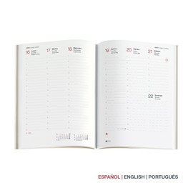 Miquelrius - 2025 Calendar Year Planner - 155 x 213 mm Weekly Planner - Flexible Cover in Sewn Faux Leather - 80gsm Paper - Spanish, English and Portuguese - Red
