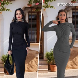 EMOTTOS Sexy Maxi Ruched Dress, Elegant Mock Neck Back Slit Bodycon, Soft Maxi Swing Hem Pencil Dresses for Cocktail Party (Black/Grey, S-L)