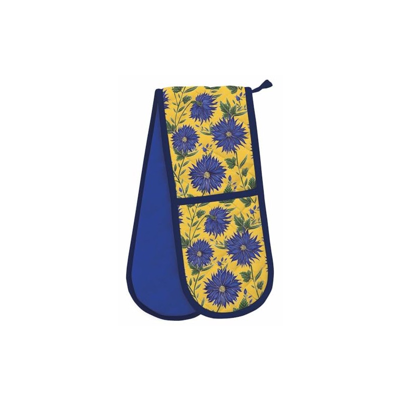Double Oven Gloves - Organic Cotton - Artistic Blue Flowers