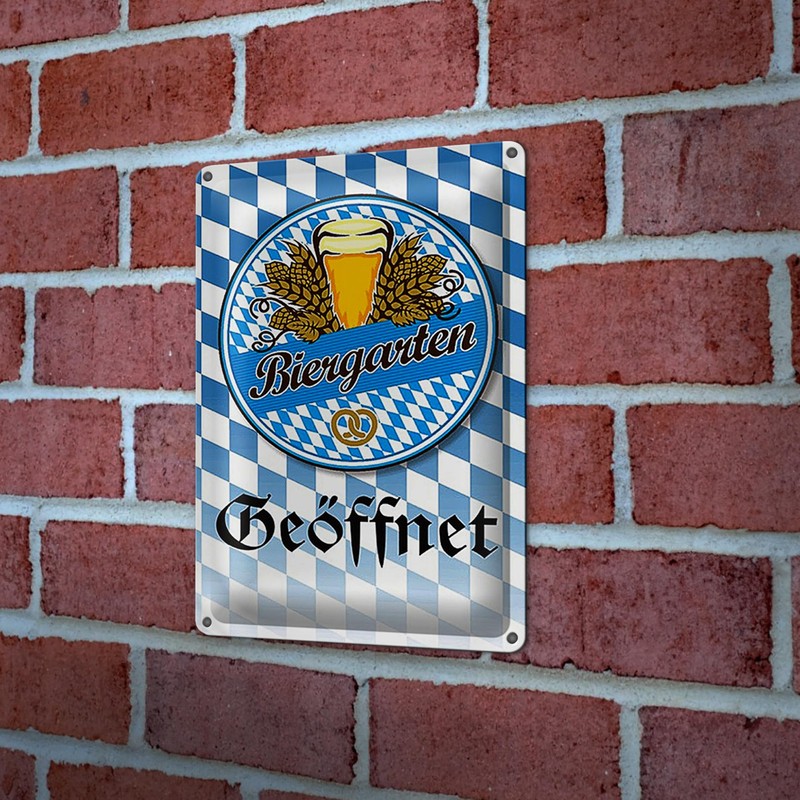 Blechschild | Biergarten | Geöffnet | Retro-Stil | 20 cm