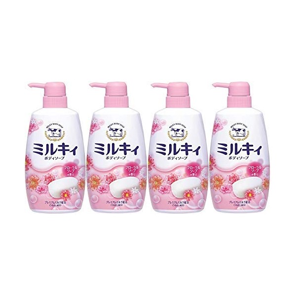 Milky Body Soap, Floral Soap Scent, Pump, 17.4 fl oz (550 ml) x 4 Packs