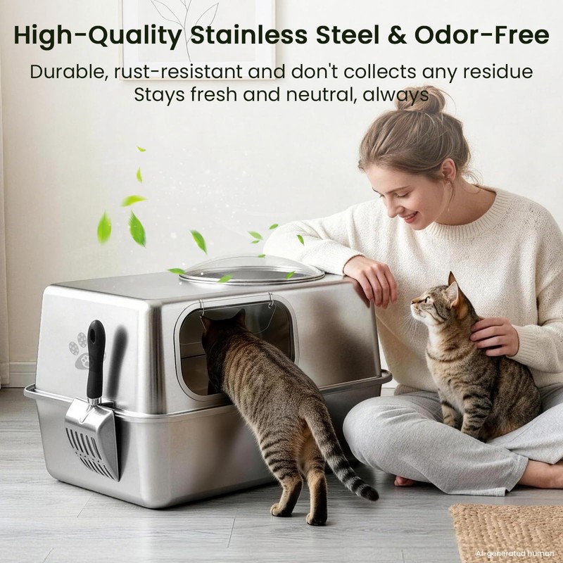 Large Enclosed Stainless Steel Cat Litter Box with Mat &