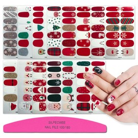 SILPECWEE 14 Sheets Full Wraps Nail Polish Stickers Strips and 1Pc Nail File Adhesive Nail Art Decals Manicure Accessories for Christmas Design