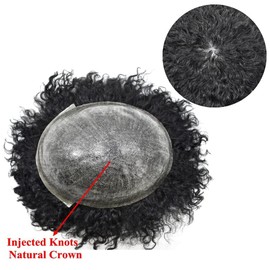 Healthlif Afro Toupee For Black Men Kinky Curly Human Hair Unit African American Hair Toupee Natural Afro Wave Hair Units Replacement System PU Injection Mens Hairpiece (8x10, #1 JET BLACK-8mm wave)