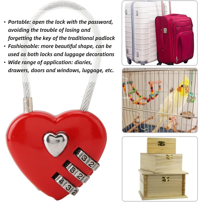 Red Heart Shape Padlock Mini 3 Digit Code Lock with