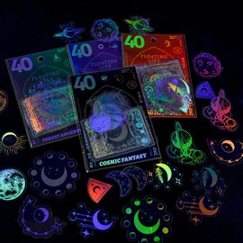 160 Sheets Holographic Shiny Stickers, Vintage Transparent Resin Decorative Decals Stickers, Space, Ocean, Magic Sticker Pack, DIY Craft Laptops Calendar Notebook