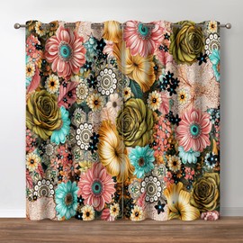 Jekeno Boho Flower Floral Blackout Curtains Colorful Bohemian Flowers Decor for Home Bedroom Living Room Darkening Curtains Grommet Window Drapes 2 Panel Set, 52"x63"