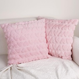 Valentines Day Decor-Throw Pillow Covers 18x18in Set of 2,Pink Soft Plush Faux Fur Pillow Case with Heart for Large Couch Sofa Home Indoor Outdoor Holiday Decorations