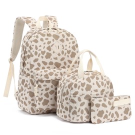 Xunteny Corduroy School Backpack Girls Kids Teens School Bookbags Schoolbag Set with Lunch Box Pencil Bag (Khaki Cow Print)