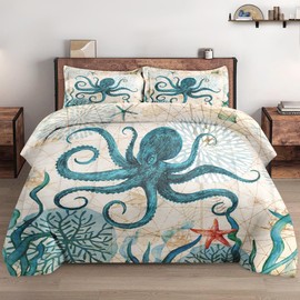 WeCozy Comforter Set Twin Size with Pillowcase, Sea Coral Octopus 2 Pcs Bedding for Kids and Adults, Beach Summer Ocean Animal Soft Comforter Set for Bedroom Bed Decor