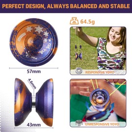 Yoyo Unresponsive for Professional Advanced Players, Responsive Yoyos para niños principiantes, yoyos de metal para adultos con rodamientos yoyo accesorios (Navidad púrpura + naranja)