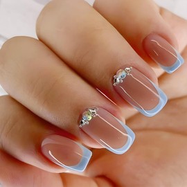 French Tip Press on Nails Short Square Fake Nails Blue Tip False Nails with Rhinestones Exquisite Design Stick on Nails Full Cover Artificial Glue on Nails Shiny Artificial Nails for Women 24Pcs