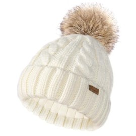Camptrace Baby Winter Hat Toddler Beanie Baby Girls Boys Hat Warm Cotton Lined Faux Fur Pom Kid Chunky Knitted Thick Snow Cap White 6-24M