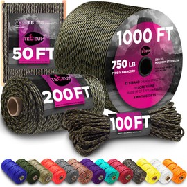 TECEUM Paracord Type IV 750 lb Veteran – 50 ft – 4mm – 100% Nylon Strong Tactical MIL–SPEC Parachute Cord – Survival Rope Emergency para Cord 11 Strands Core EDC Camping Hiking Military Gear