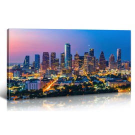JiazuGo Houston Skyline Wall Art Canvas - 20x40 Modern Cityscape Painting, Colorful Texas Downtown Panoramic Print for Living Room, Bedroom and Office Decor, Stretched Ready to Hang Large Wall Decor