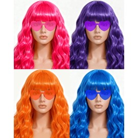 FSLLZCJY Long Curly Wig with Heart Sunglasses and Hair Cap – Set of 4 | Colorful Colored Party Wigs Funny Costume Hairpieces for Cosplay