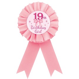 Pink Bow It's My 19th Birthday Tinplate Badge Pin, Pink Rosette 19th Birthday Girl Button Pin, Coquette Bow Nineteen Award Ribbon Brooch Party Supplies