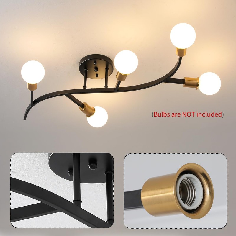 Salburyao Black and Gold Modern Sputnik Ceiling Light Fixture 5-Lights,Mid