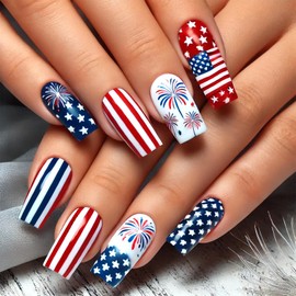 Independence Day Press on Nails American Flag Fake Nails Medium Square Acrylic Nails with Designs Fireworks False Nails Red Blue Stripes Artificial Nails Full Cover Stick on Nails for Women