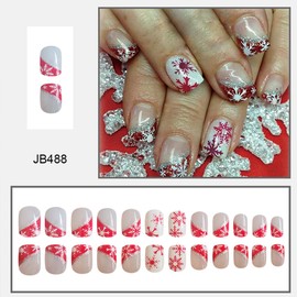 24Pcs Christmas Press on Nails Short Red French Tips Fake Nails Glitter Snowflake Nails Tip Full Cover False Nails Christmas Glue on Nails Nude White Winter Xmas Acrylic Nails for Women Manicure Decor