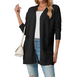 GRECERELLE 2025 Womens Lightweight Open Front Casual V-Neck Long Cardigan Sweater with Pockets Black, L
