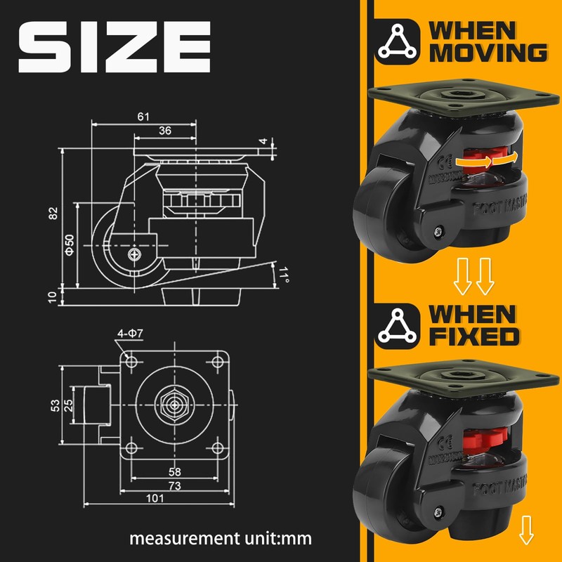 Leveling Casters Retractable Heavy Duty of 440 Lbs Set of