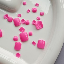 Press on Toenails Pink Full Cover Fake Toenails Glossy Glue on Toe Nails Reusable Artificial Acrylic Short Square False Toenails Summer Beach Stick on Toes for Women Girls Manicure 24 Pcs