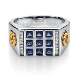 Gem Stone King Men's 10K Yellow Gold and 925 Sterling Silver Blue Created Sapphire and White Lab Grown Diamond Ring (1.27 Ct, Available In Sizes 9 to 13)