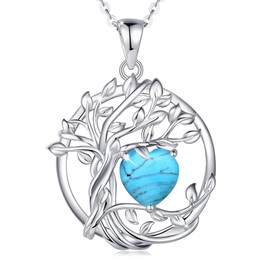 FANCIME Tree of Life Turquoise Necklace for Women 925 Sterling Silver Tree Pendant Birthstone Necklace Jewellery Gemstone Anniversary Birthday Christmas Gifts for Wife Girls Her