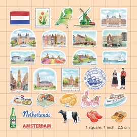 Navy Peony Artistic Netherlands Travel Stickers (29pcs) - Watercolor, Holland, Dutch-Themed Vacation Decals for Journals, Scrapbooks, Water Bottles